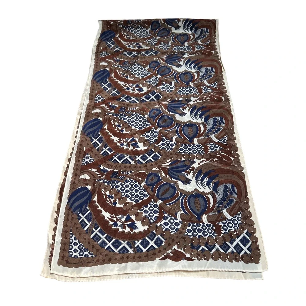 VTG 1987 Ginnie Johansen Silk Scarf Brown Blue Paisley‎ Floral Made in Japan EUC